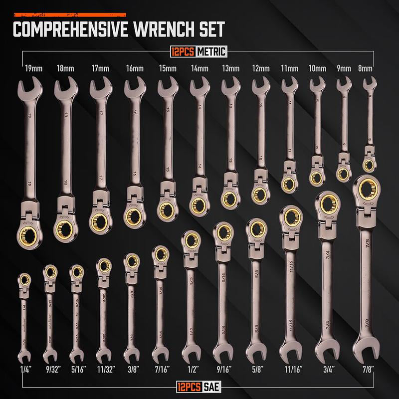 Flex-Head Ratcheting Wrench Set – Metric & SAE Combination Wrenches with Organizer, 72-Tooth Chrome Vanadium Steel